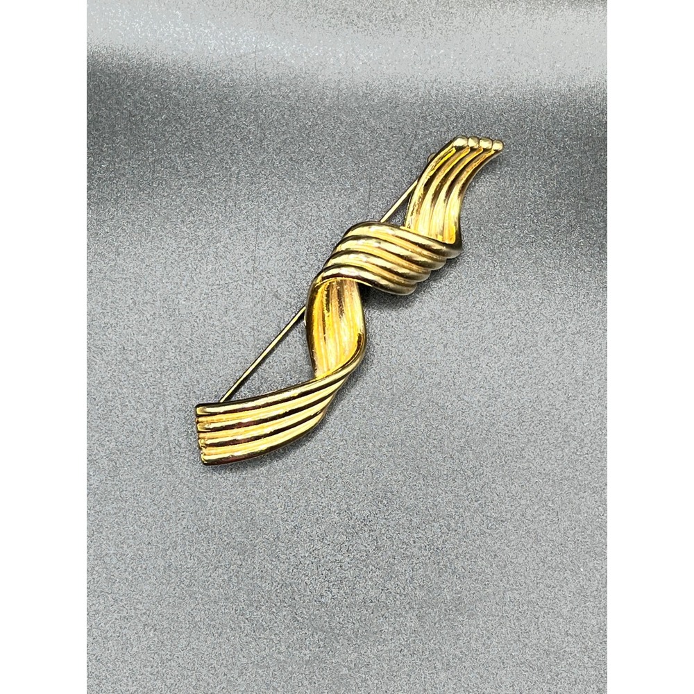 80s Gold Tone Twisted Ribbon Pin Brooch Women's Fashion Jewelry Classic 3" Vtg